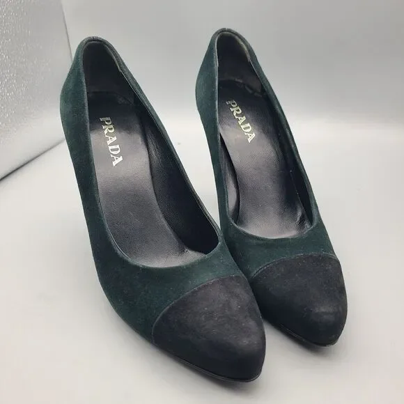 Prada Heel Pumps Shoes Donna Calzature Green Black Suede Cap Toe Sz 6 36 Used - Picture 4 of 10